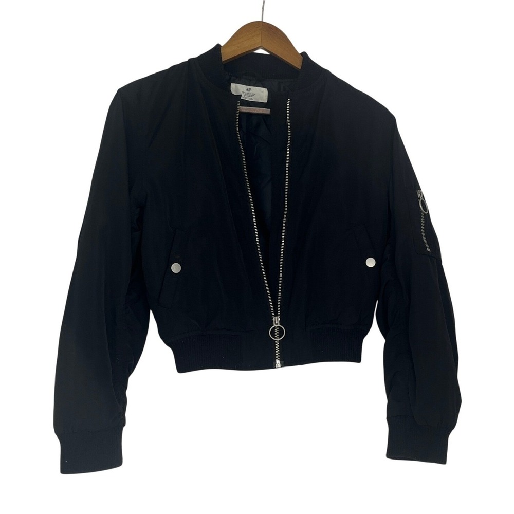 H M Black Bomber Jacket Full Zip Ring Detail Ribbed Cuffs Sz 10 11 - Picture 4 of 12
